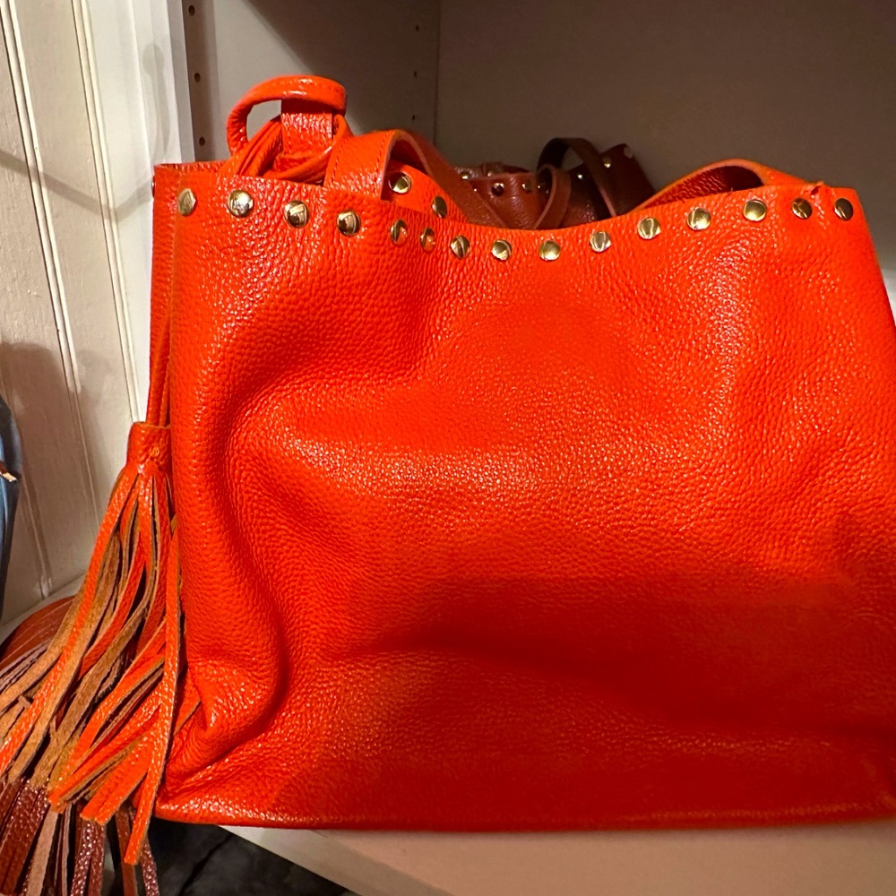 Orange Leather Studded Tote Bag